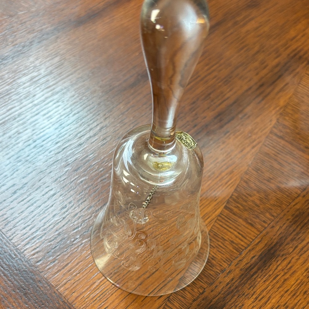 Vintage Bohemian Czech Bell Hand blown Clear w/ Etched Design Crystal Clapper